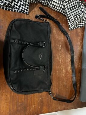Coach Black Pebbled Leather Messenger Bag with Stud Trim